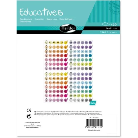 Zdjęcie przedstawia arkusz naklejek kolorowych z różnokolorowymi buźkami.