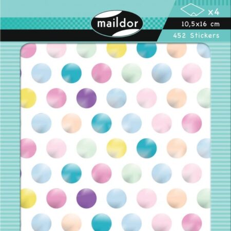 Zdjęcie przedstawia arkusz naklejek kolorowych z kropeczkami.