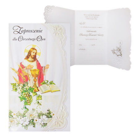 Zdjęcie przedstawia Zaproszenie na uroczystość przyjęcia 1 komuni swiętej dla ojca Chrzesnego