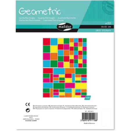 Zdjęcie przedstawia arkusz naklejek kolorowych z figurami geometrycznymi.