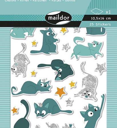 Zdjęcie przedstawia arkusz naklejek kolorowych z kotkami.