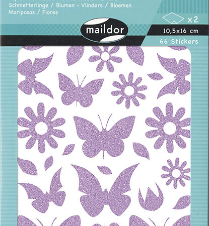 Zdjęcie przedstawia Błyszczące Naklejki - Motyle/Kwiaty - Fioletowe - 2 Arkusze - 66 Naklejek