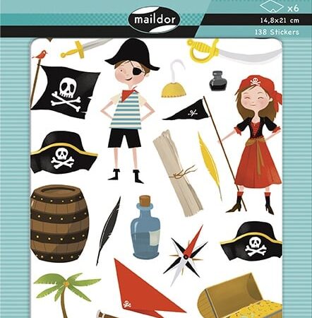 Zdjęcie przedstawia arkusz naklejek kolorowych z piratami.