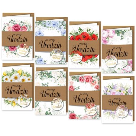 Zdjęcie przedstawia osiem kartek urodzinowych, wszystkie posiadają motyw pastelowych kwiatów na białym tle, przez środek przechodzi jasnobrązowy pasek z napisem "W Dniu Urodzin". Do każdej kartki dołączona jest jasnobrązowa koperta.