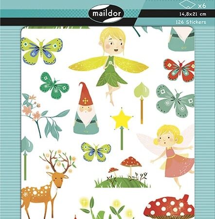 Zdjęcie przedstawia arkusz naklejek kolorowych z wróżkami.