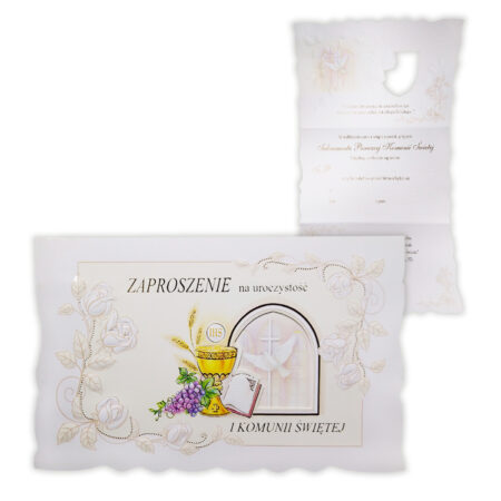 Zdjęcie przedstawia zaproszenie na uroczystość Pierwszej Komunii Świętej w formie składanego listu.