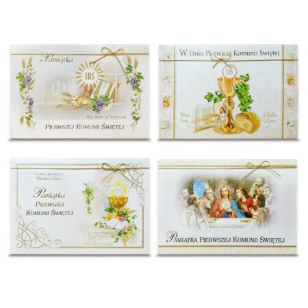 Zdjęcie przedstawia cztery kartki-pamiątki Pierwszej Komunii Świętej.