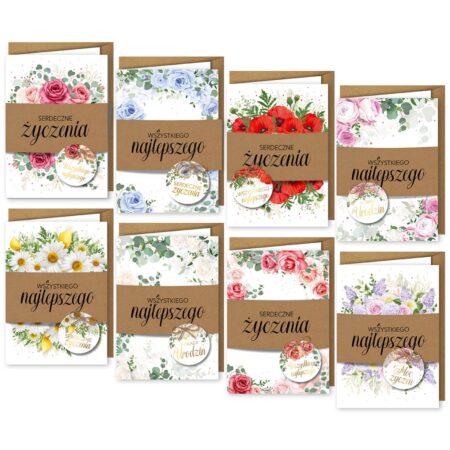 Zdjęcie przedstawia osiem kartek z życzeniami, wszystkie posiadają motyw pastelowych kwiatów na białym tle, przez środek przechodzi jasnobrązowy pasek z napisem "Serdeczne Życzenia/ Wszystkiego Najlepszego". Do każdej kartki dołączona jest jasnobrązowa koperta.