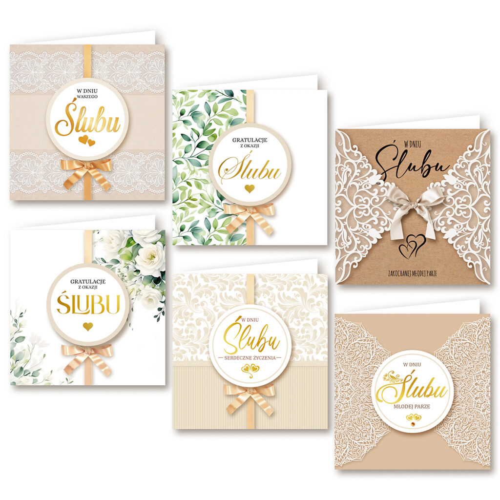 Zdjęcie prezentuje zestaw kartek okolicznościowych z okazji ślubu. Projekty utrzymane są w eleganckiej stylistyce – z motywami kwiatów, koronek, złotych napisów oraz ozdobnych kokardek. Każda kartka posiada napis „W dniu Ślubu” lub „Gratulacje z okazji Ślubu”, co podkreśla ich uroczysty charakter.