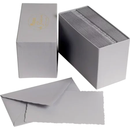 pudełko ozdobne z kopertami, po lewej stronie górna część pudełka po prawej otwarte pudełko zapełnione kopertami