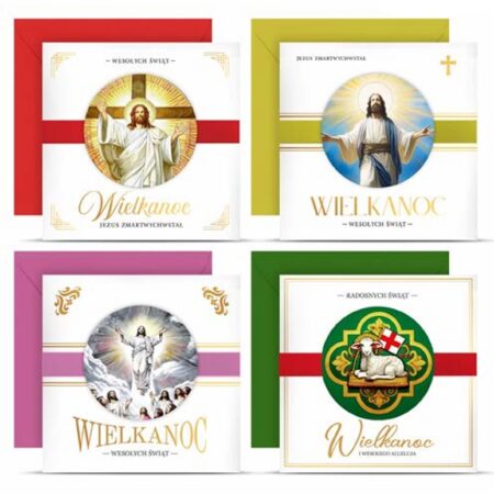 Zdjęcie przedstawia kartki Wielkanocne z wizerunkiem Jezusa Chrystusa z różnokolorowymi kopertami w zestawie.