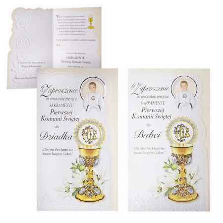Zdjęcie przedstawia zaproszenie na uroczystość przyjęcia sakramentu Pierwszej Komunii Świętej dla Babci i Dziadka.