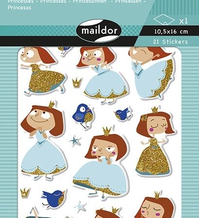 Zdjęcie przedstawia arkusz naklejek kolorowych z księżniczkami.