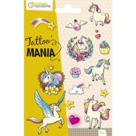 Zdjęcie przedstawia Tatuaże Zmywalne - 1 arkusz z 10 sztukami - Jednorożce