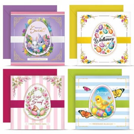 Zdjęcie przedstawia kartki Wielkanocne w różnych kolorach (fioletowa, żółta, różowa i zielona) z kopertami do koloru.