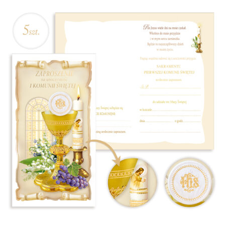 Zdjęcie przedstawia: Zaproszenie na Komunię Zestaw 5 sztuk + koperty