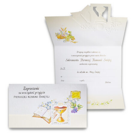 Zdjęcie przedstawia zaproszenie na uroczystość przyjęcia Pierwszej Komunii Świętej.