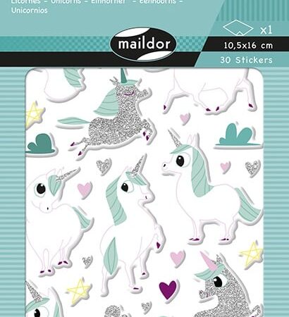 Zdjęcie przedstawia arkusz naklejek kolorowych z jednorożcami.