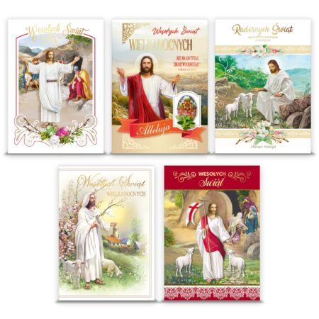 Zdjęcie przedstawia zestaw pięciu kartek z okazji Wielkanocy.