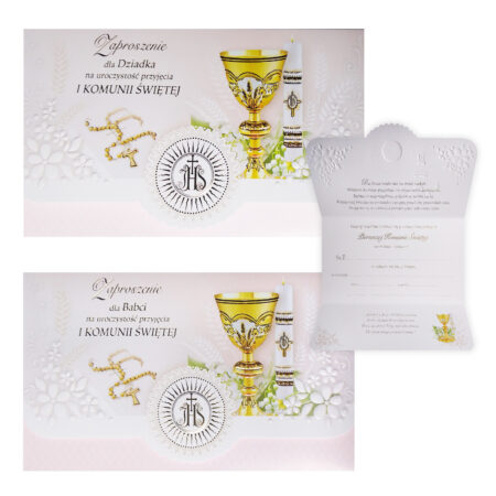 Zdjęcie przedstawia Zaproszenie na uroczystość przyjęcia 1 komuni swiętej dla babci
