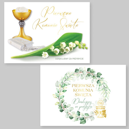 Zdjęcie przedstawia planszę na Pierwszą Komunię Świętą z motywami roślinnymi na białym tle ze złotymi elementami.