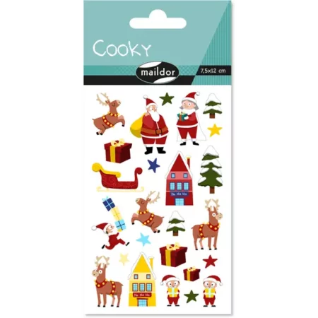 zestaw naklejek swiątecznych cooky maildor, motyw mikołaj, renifer, choinki oraz ozdoby świąteczne