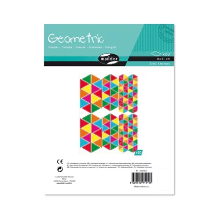 Zdjęcie przedstawia arkusz naklejek kolorowych z figurami geometrycznymi.