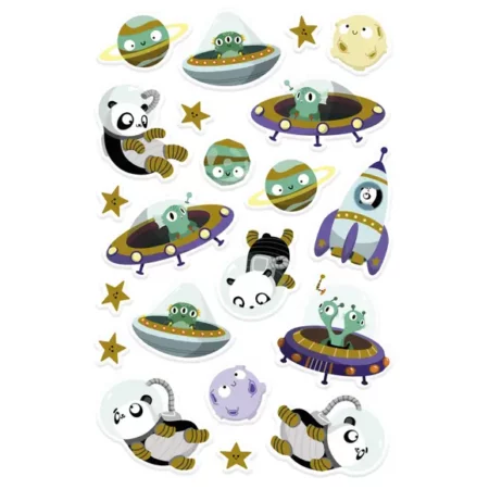 zestaw naklejek dla dzieci, motyw kosmos, miś panda, potworki oraz gwiazdy