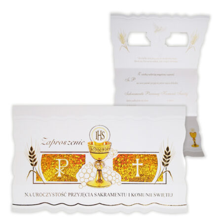 Zaproszenie na Komunię, złoty kielich na środku. w tle rozłożone zaproszenie z tekstem zaproszenia