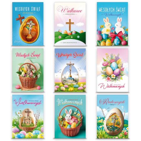 Zdjęcie przedstawia zestaw dziewięciu kartek z okazji Wielkanocy w pastelowych kolorach.