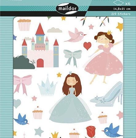 Zdjęcie przedstawia arkusz naklejek kolorowych z księżniczkami.