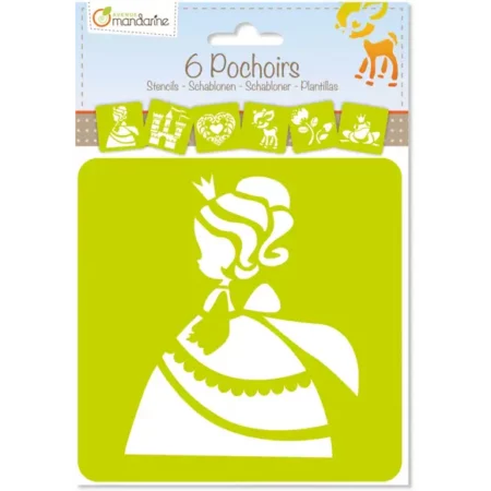 Zdjęcie przedstawia zestaw sześciu różnych szablonów z motywem księżniczki.