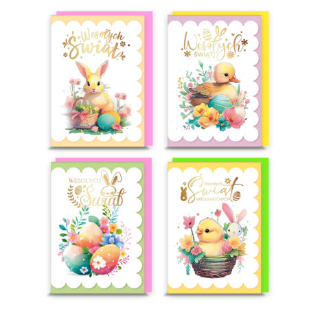 Zdjęcie przedstawia cztery kartki z okazji Wielkanocy z motywem króliczków, kurcząt i kolorowych jajek.