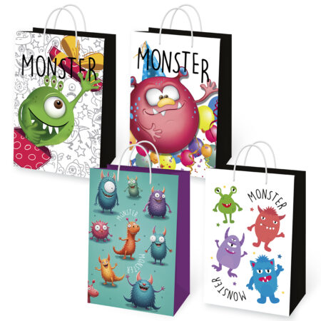 Zdjęcie przedstawia zestaw kolorowych toreb prezentowych Monster z motywami zabawnych potworków w różnych kształtach i kolorach – zielony jednooki potwór, różowy potwór wśród balonów, grupa niebieskich i pomarańczowych stworków oraz urocze małe potwory w pastelowych barwach. Torby wykonane z solidnego papieru, z białymi uchwytami ze sznurka, idealne do pakowania prezentów dla dzieci.