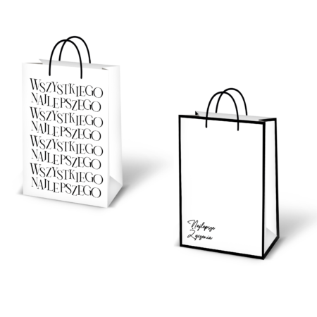 zdjęcie przedstawia: Torebka Ozdobna Średnia z zadrukiem wewnątrz "najlepsze życzenia", "Najlepsze życzenia" biało-czarna