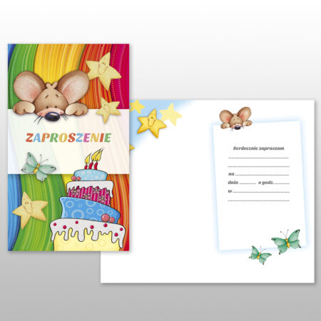 Zdjęcie przedstawia: Zaproszenie Dziecięce Brokatowane Zestaw 5 sztuk + koperty z myszką i tortem.