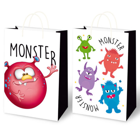 Zdjęcie przedstawia dwie kolorowe torebki prezentowe Monster z motywami zabawnych potworków w różnych kształtach i kolorach – różowy potwór, oraz urocze małe potwory w pastelowych barwach. Torby wykonane z solidnego papieru, z białymi uchwytami ze sznurka, idealne do pakowania prezentów dla dzieci.