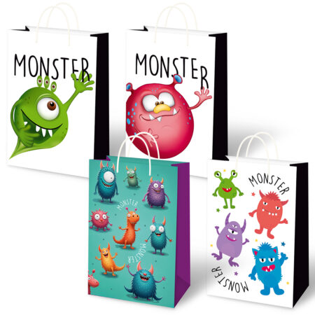 Zdjęcie przedstawia zestaw kolorowych toreb prezentowych Monster z motywami zabawnych potworków w różnych kształtach i kolorach – zielony jednooki potwór, różowy potwór, grupa niebieskich i pomarańczowych stworków oraz urocze małe potwory w pastelowych barwach. Torby wykonane z solidnego papieru, z białymi uchwytami ze sznurka, idealne do pakowania prezentów dla dzieci.