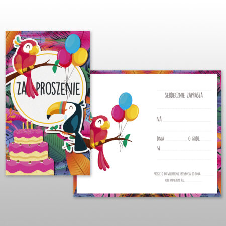 Zdjęcie przedstawia: Zaproszenie Dziecięce Brokatowane Zestaw 5 sztuk + koperty papugi + balony.