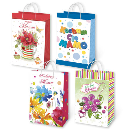 Zdjęcie przedstawia cztery torby z okazji dnia Mamy. Jedna ma na sobie duży napis "Kocham Cię Mamo" na kolorowym tle, a reszta utrzymana jest w motywie kwiatowym z napisami "Kochanej/Najdroższej Mamie".
