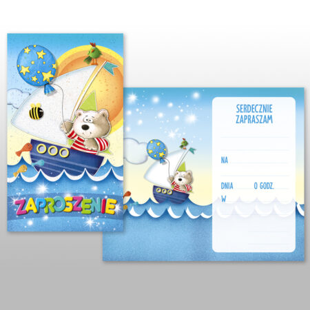Zdjęcie przedstawia: Zaproszenie Dziecięce Brokatowane Zestaw 5 sztuk + koperty z misiem żeglarzem na łódce.