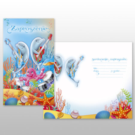 Zdjęcie przedstawia: Zaproszenie Dziecięce Brokatowane Zestaw 5 sztuk + koperty delfinki grające na gitarze