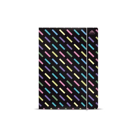 Zdjęcie przedstawia: teczka A4 z gumką czarna z kolorowymi paskami.