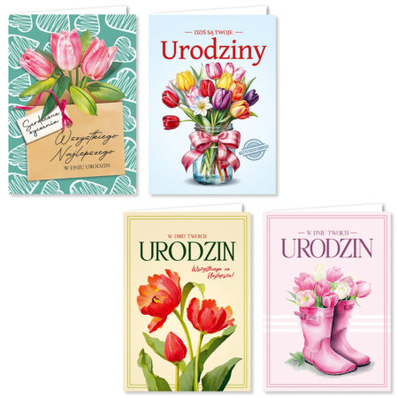 Zdjęcie przedstawia zestaw czterech kartek urodzinowych w motywie kwiatowym.