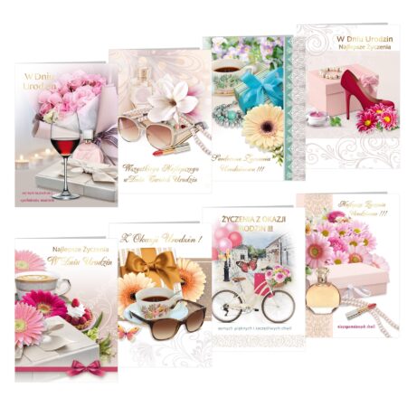 Zdjęcie przedstawia zestaw eleganckich kartek urodzinowych dla kobiet. Projekty ozdobione są motywami kwiatów, perfum, filiżanek z kawą, biżuterii, świec oraz dodatków takich jak torebki, okulary przeciwsłoneczne czy szpilki. Dominują pastelowe kolory – róż, beż i biel – z akcentami złota i perłowego połysku.