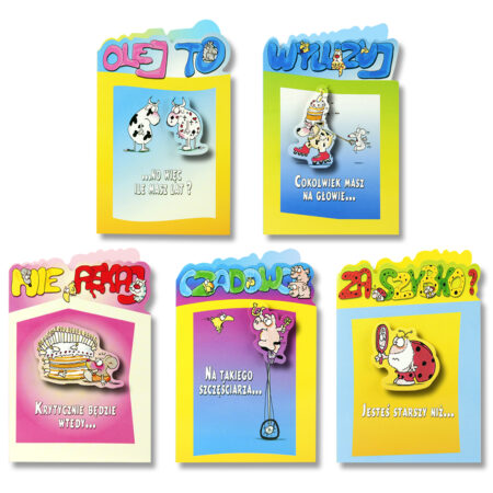 Zdjęcie przedstawia zestaw różnych kartek okolicznościowych z zabawnymi hasłami i rysunkami.