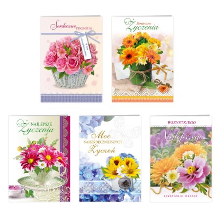 Zdjęcie przedstawia zestaw pięciu kartek urodzinowych z motywem kwiatowym.