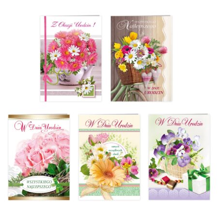 Zdjęcie przedstawia pięć kartek urodzinowych z motywem kwiatów.