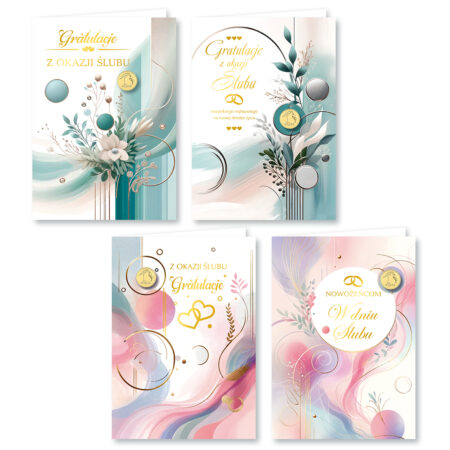 Zdjęcie przedstawia zestaw czterech eleganckich kartek ślubnych w nowoczesnym stylu akwarelowym. Każda z kart łączy pastelowe barwy – róż, turkus, błękit i fiolet – z dekoracyjnymi złotymi napisami i elementami graficznymi. Motywy zdobień to m.in. kwiatowe gałązki, abstrakcyjne fale kolorów, serca oraz obrączki, a napisy zawierają życzenia i gratulacje z okazji ślubu.