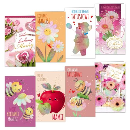 Zdjęcie przedstawia kolorowe kartki okolicznościowe dla mamy i taty z kwiatami, sercami, pszczółkami i rysunkowymi postaciami, ozdobione brokatem.
